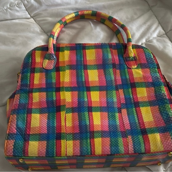 Carlos Falchi Avenue Vibrant Plaid Satchel - Picture 2 of 8